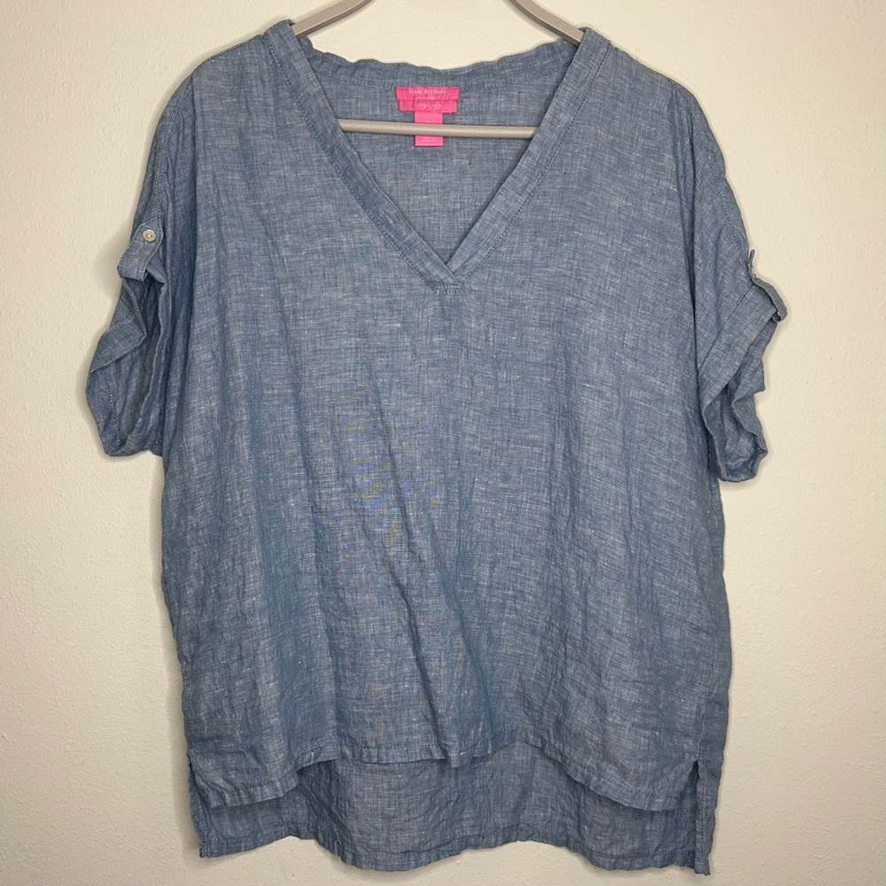 Isaac Mizrahi Size L Women's Blue 100% Linen High-Low V-Neck Top
